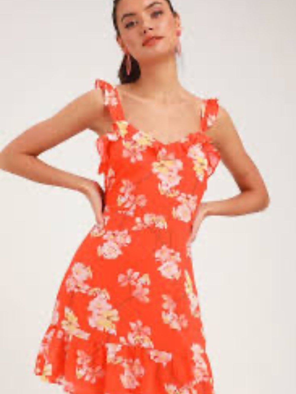 Lulu's Coral Flower Factor Floral Ruffle Tie-Waist Mini Dress